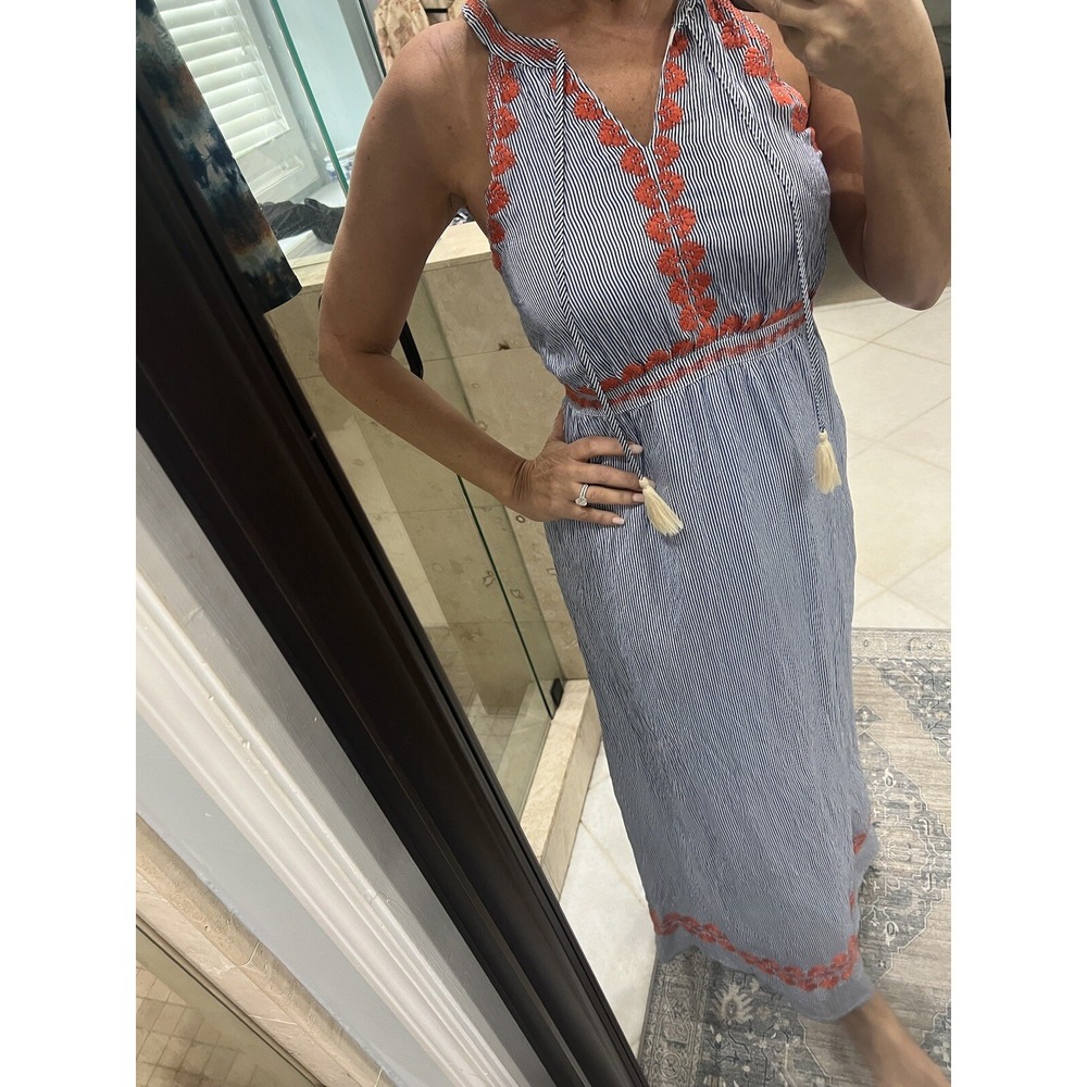 THML Blue White Seersucker Orange Embroidery Maxi Dress S FTM1394-BL